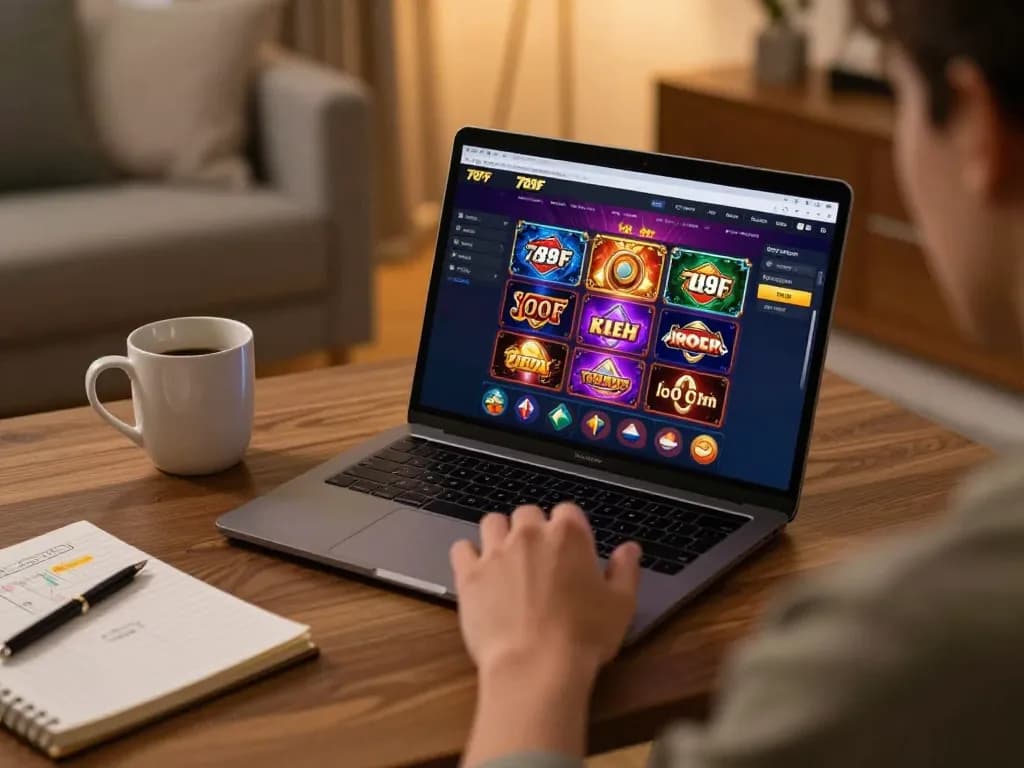 Engaging with 789F đăng nhập on a laptop, showcasing an immersive online casino experience in a cozy home setting.