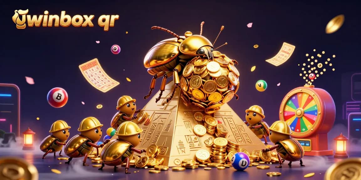 Join the excitement with winbox qr as a golden dung beetle rolls coins amidst vibrant casino symbols.
