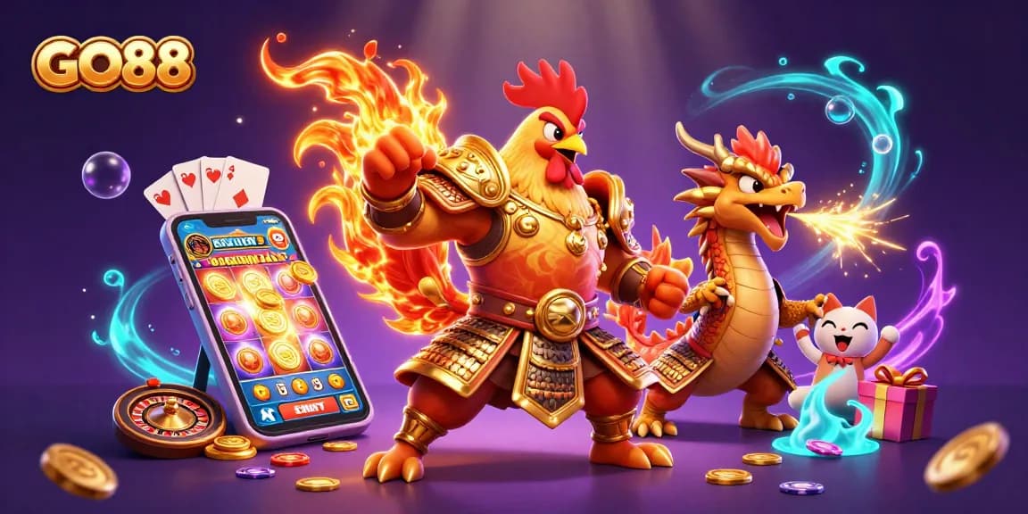 Experience the excitement of GO88 with a fierce rooster warrior and dragon amid vibrant casino elements.
