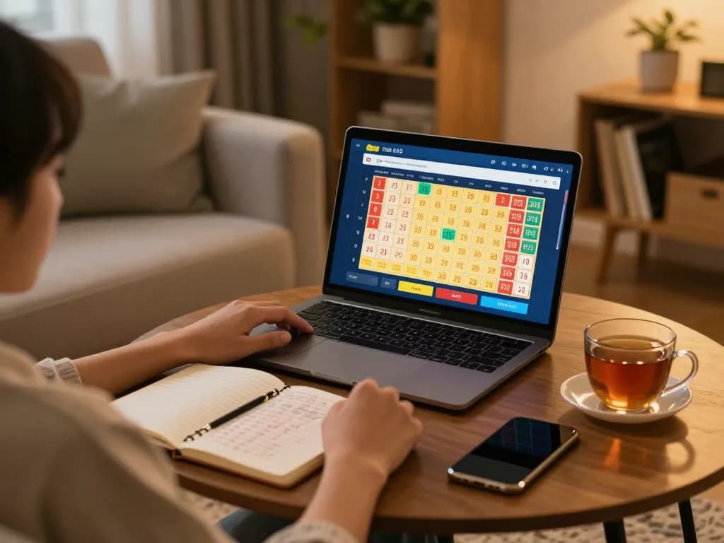 Playing togel online in a cozy home setting with a laptop and notebook for strategic betting.