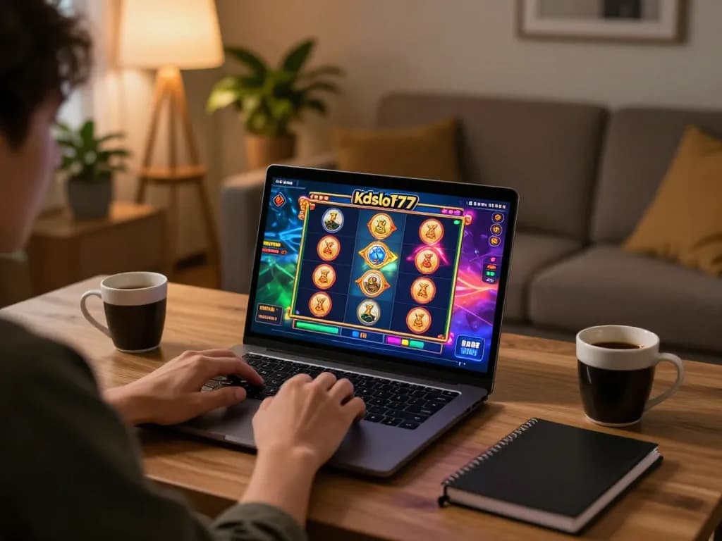 Player immerses in kdslot77 online slot game on laptop, strategic gaming setup at home.