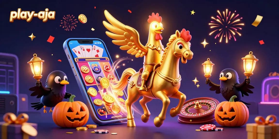 Experience play-aja with the golden rooster in a vibrant 3D casino scene showcasing slot games.