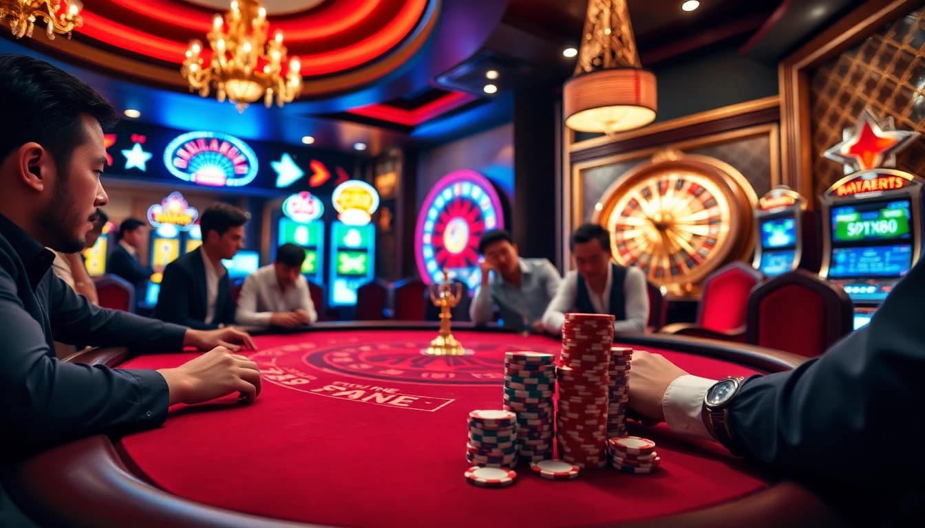 Engaging poker game scene at trang chủ rr88 with vibrant casino atmosphere.