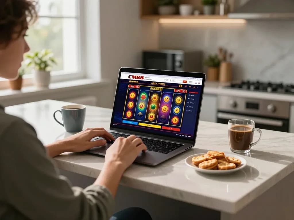 Player enjoying slots at CM88 online casino from a cozy kitchen setting.