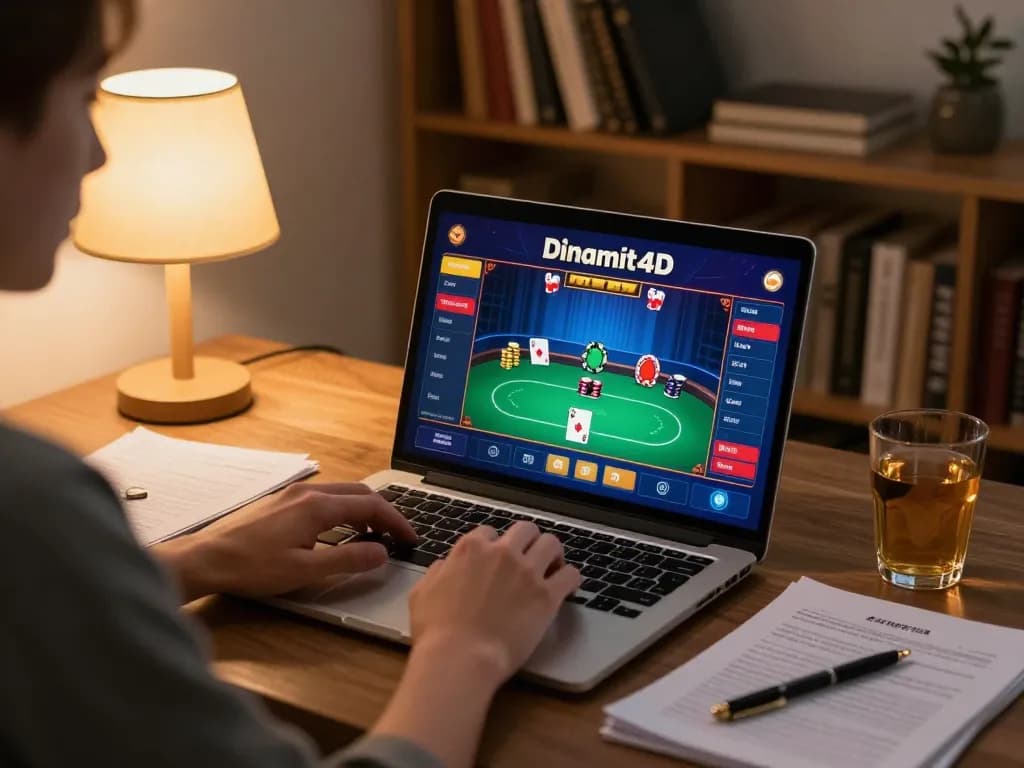 Engaging Dinamit4D player utilizing a laptop with poker game strategy notes in a cozy home setting.