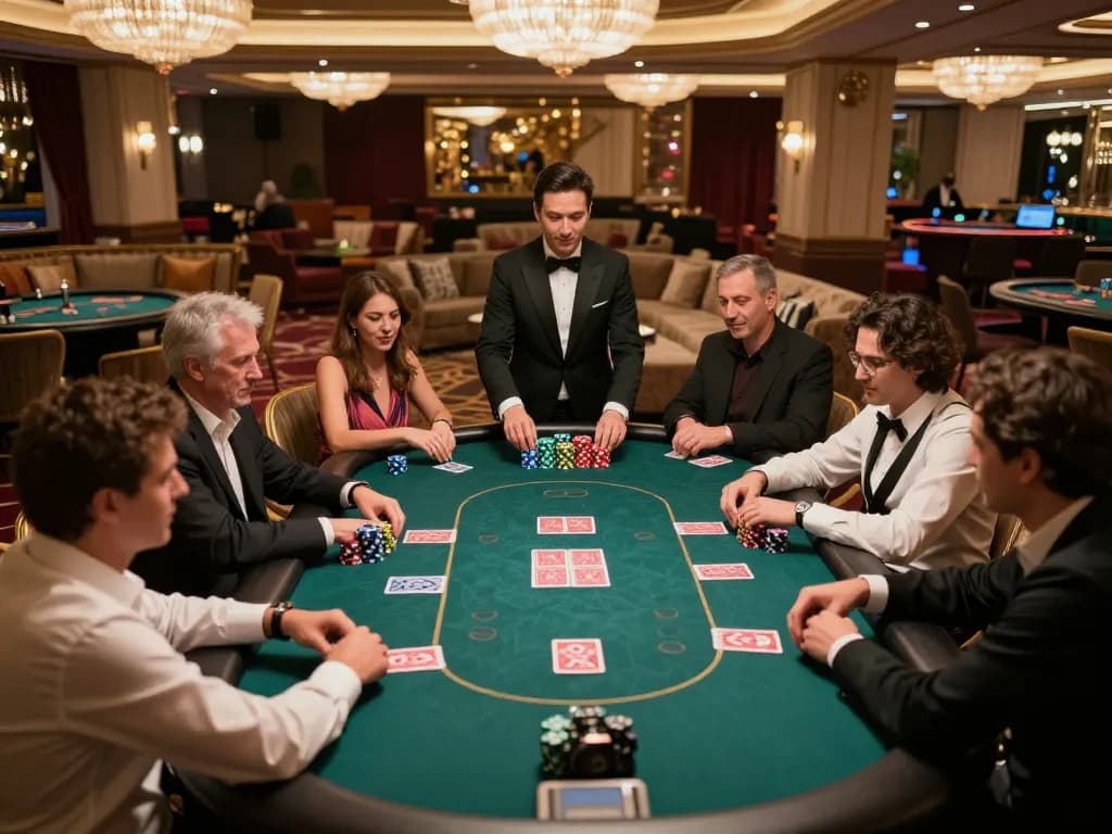 Players enjoy high-stakes poker action at a luxurious VIP table in a casino setting, highlighting dash88 gaming atmosphere.