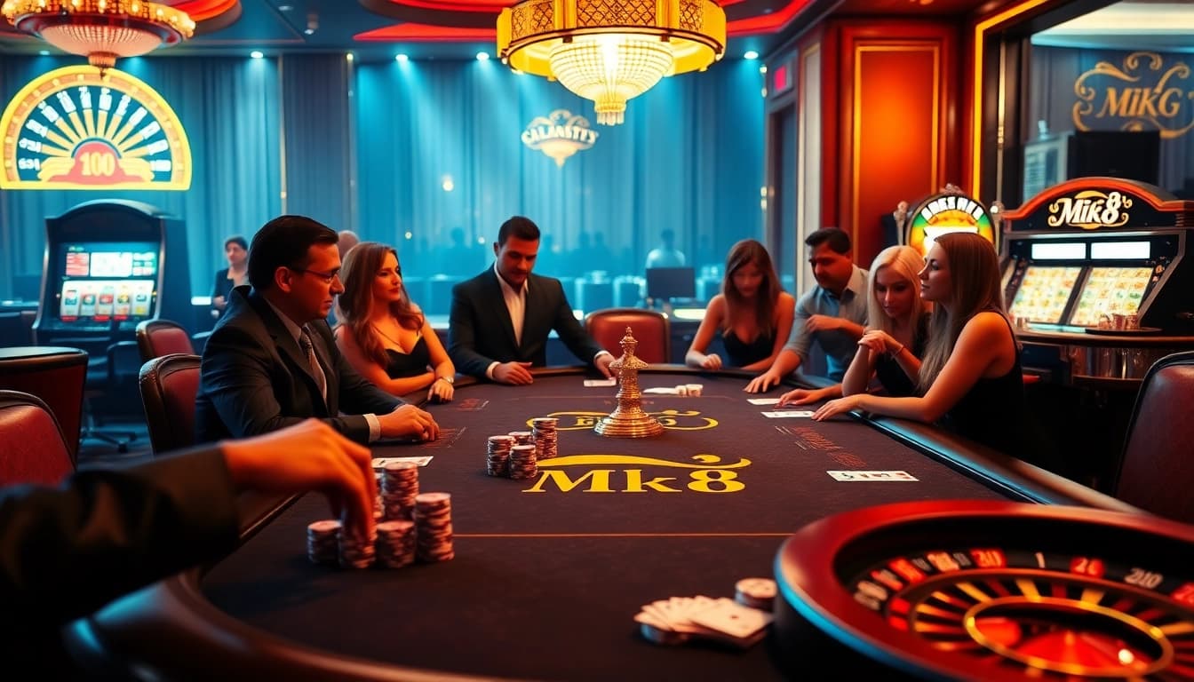 Exciting MK8 poker table scene with glamorous players and vibrant casino elements.