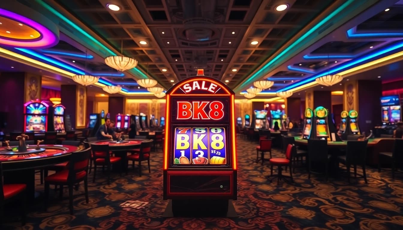 Excited players enjoying the BK8 slot machine in a luxurious casino atmosphere.