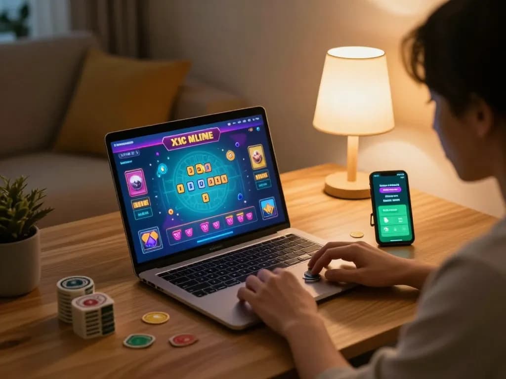 Xóc đĩa online gameplay in a cozy home environment, depicting strategic bets on a laptop
