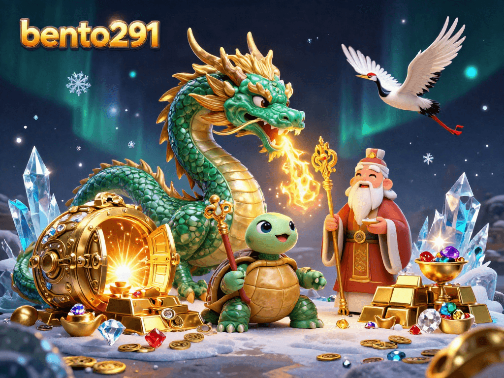 Experience the excitement of bento291 with a richly detailed 3D scene showcasing a jade dragon and gold treasures.