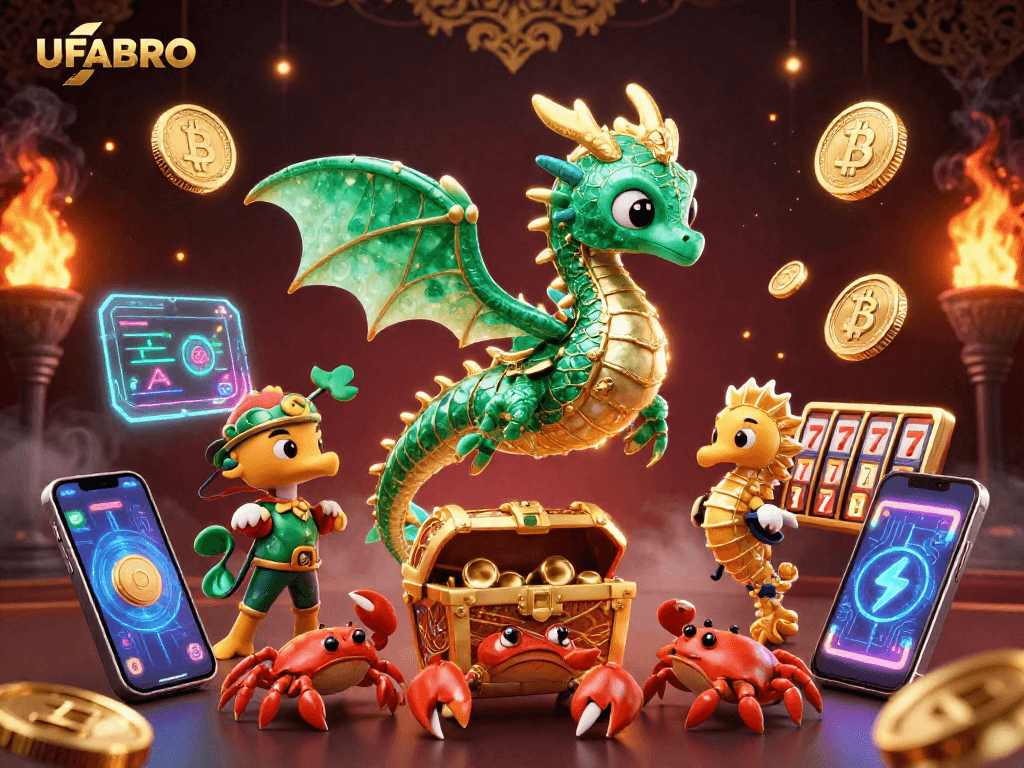 Spin slot games with UFABRO's vibrant 3D sea dragon amidst crypto coins and jackpot treasures.