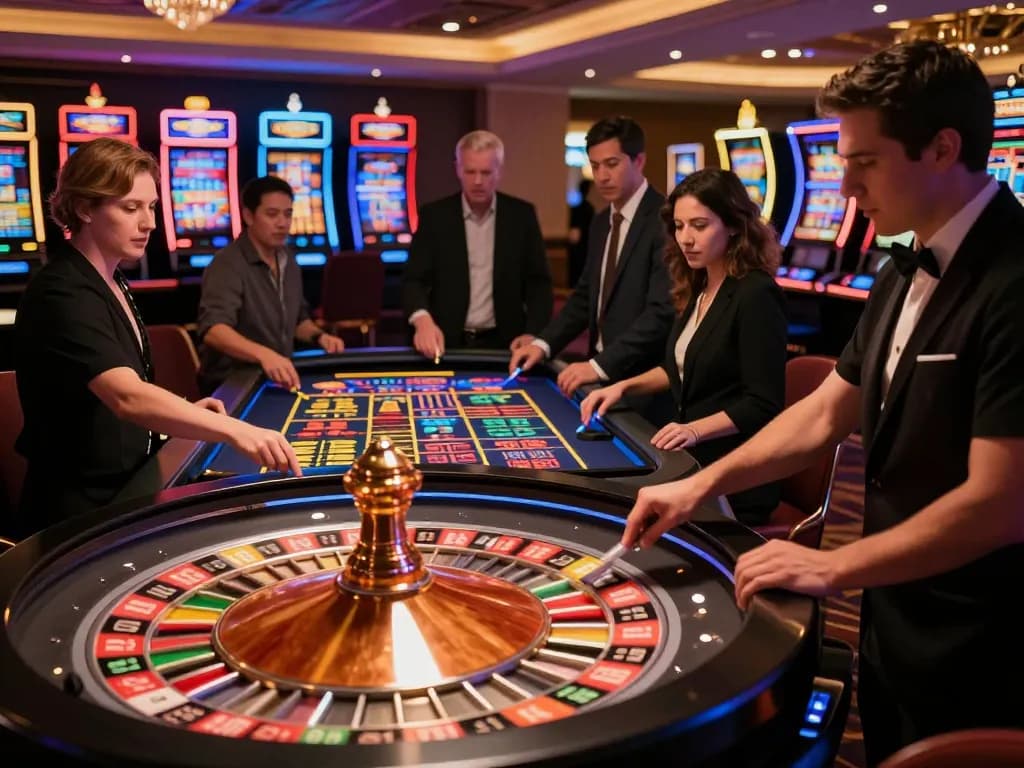 Players engaging at the MM88 roulette table in a luxurious casino, showcasing vibrant betting action.