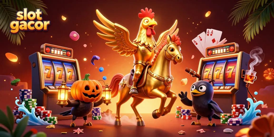 Slot gacor dengan simbol mesin slot dan ruangan kasino penuh cahaya menarik.