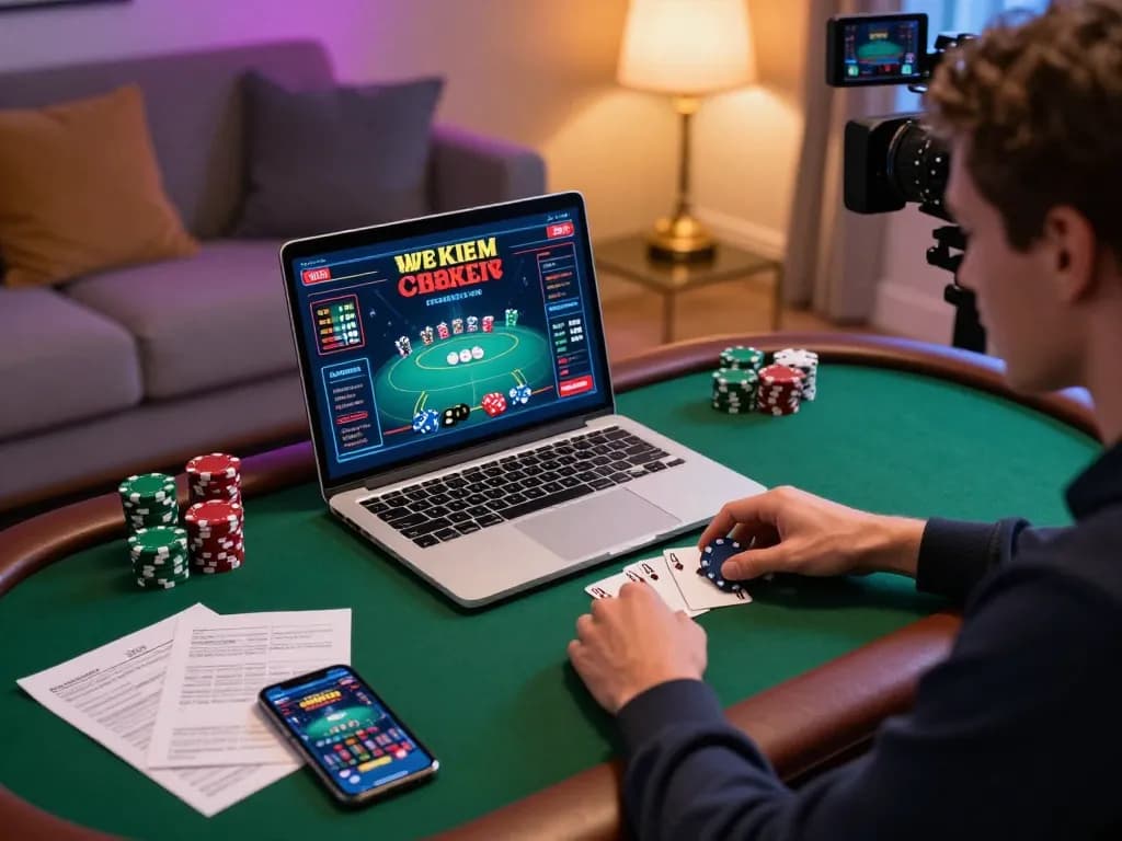 Engaging in Canada online casinos poker match on a laptop in stylish home setting.