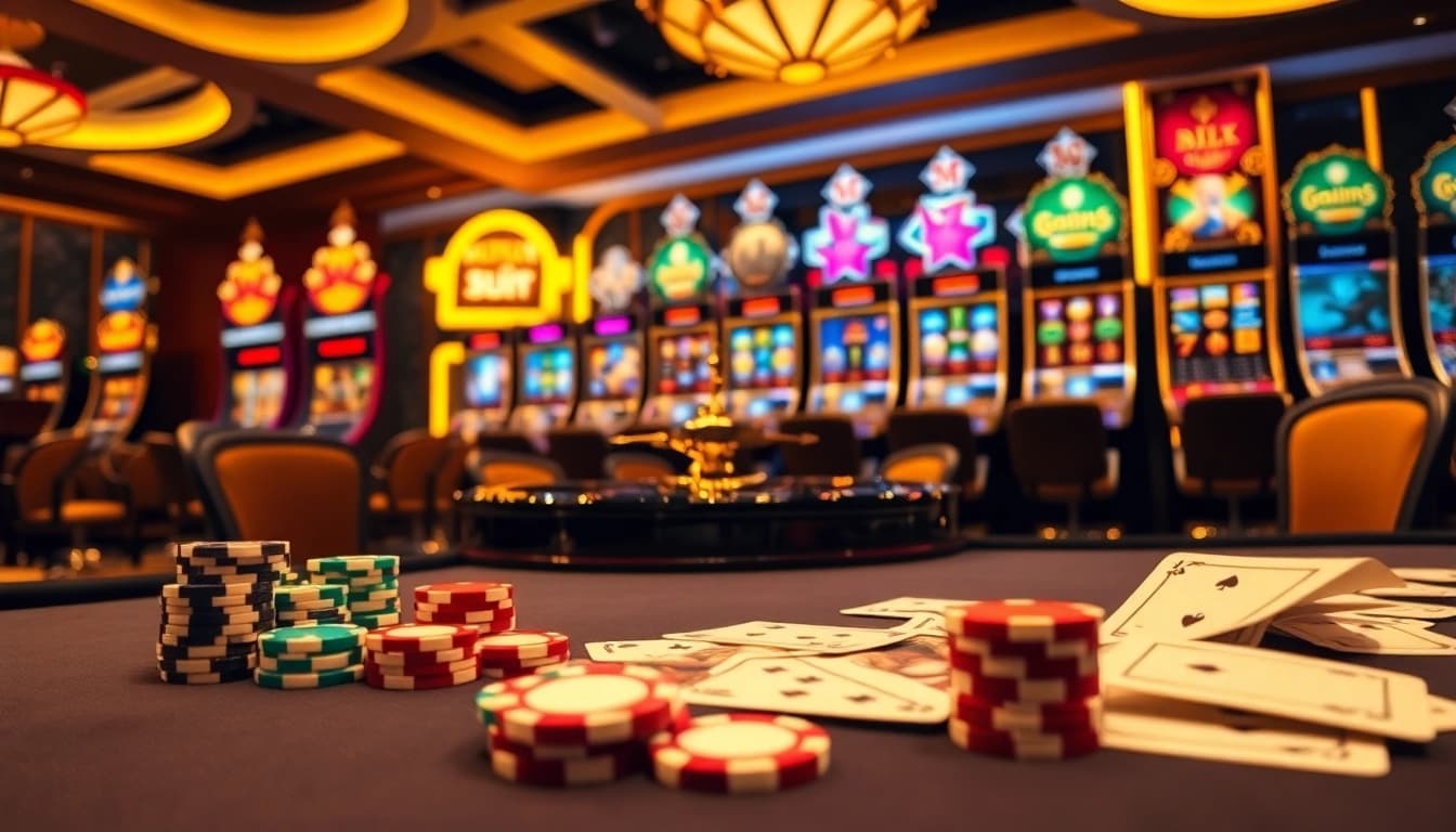 Experience thrilling gameplay with idnslot's luxurious casino atmosphere showcasing vibrant slot machines and poker tables.