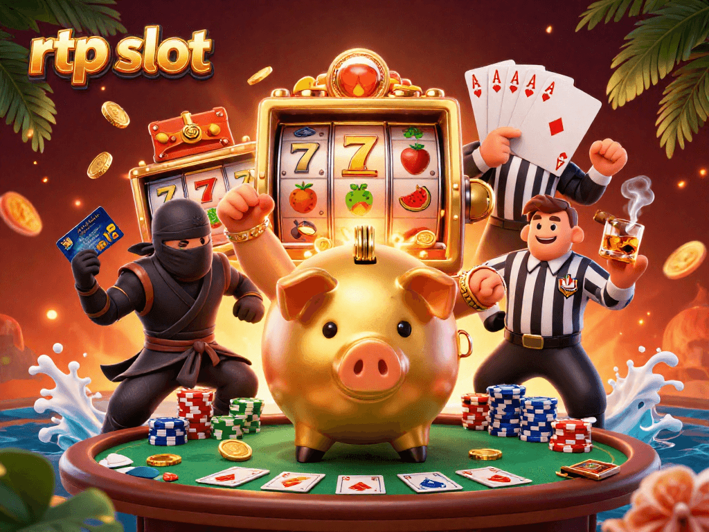 Memainkan rtp slot dengan piggy bank emas sumo di latar belakang kasino yang penuh warna.