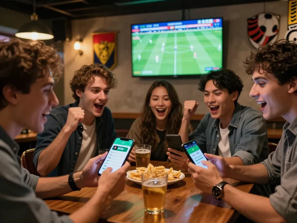 KÈO TRỰC TUYẾN app used by friends during live sports betting at a lively bar