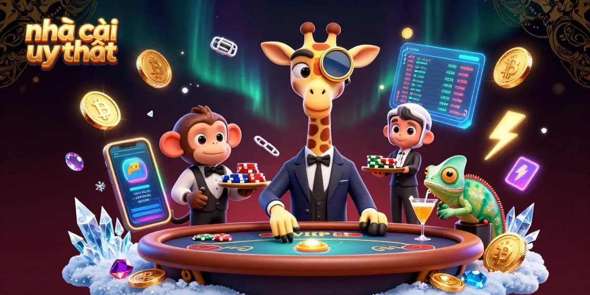 Experience the thrill of nhà cái uy tín in a vibrant casino scene with a giraffe, monkey, and chameleon.
