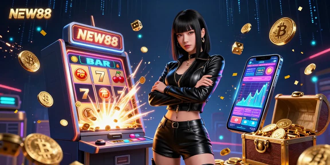 Experience winning adventures in the NEW88 casino, featuring slot machines, coins, and vibrant gaming elements.