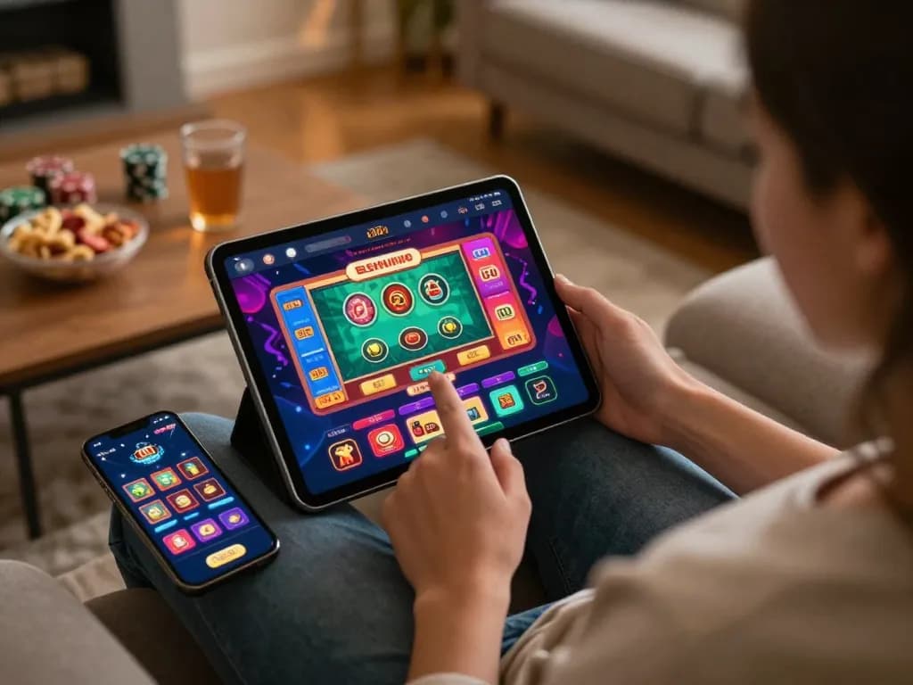 Engaging in online gambling with link vào goal123 on a tablet while relaxing at home
