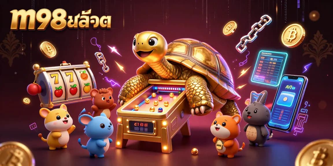 เล่น m98สล็อต ในบรรยากาศคาสิโนสุดอลังการพร้อมเกมสล็อตและสัญลักษณ์นำโชค
