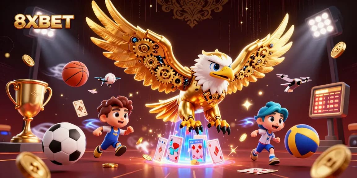 Experience exciting gambling action with the 8XBET golden eagle diving through holographic playing cards amidst sports elements.