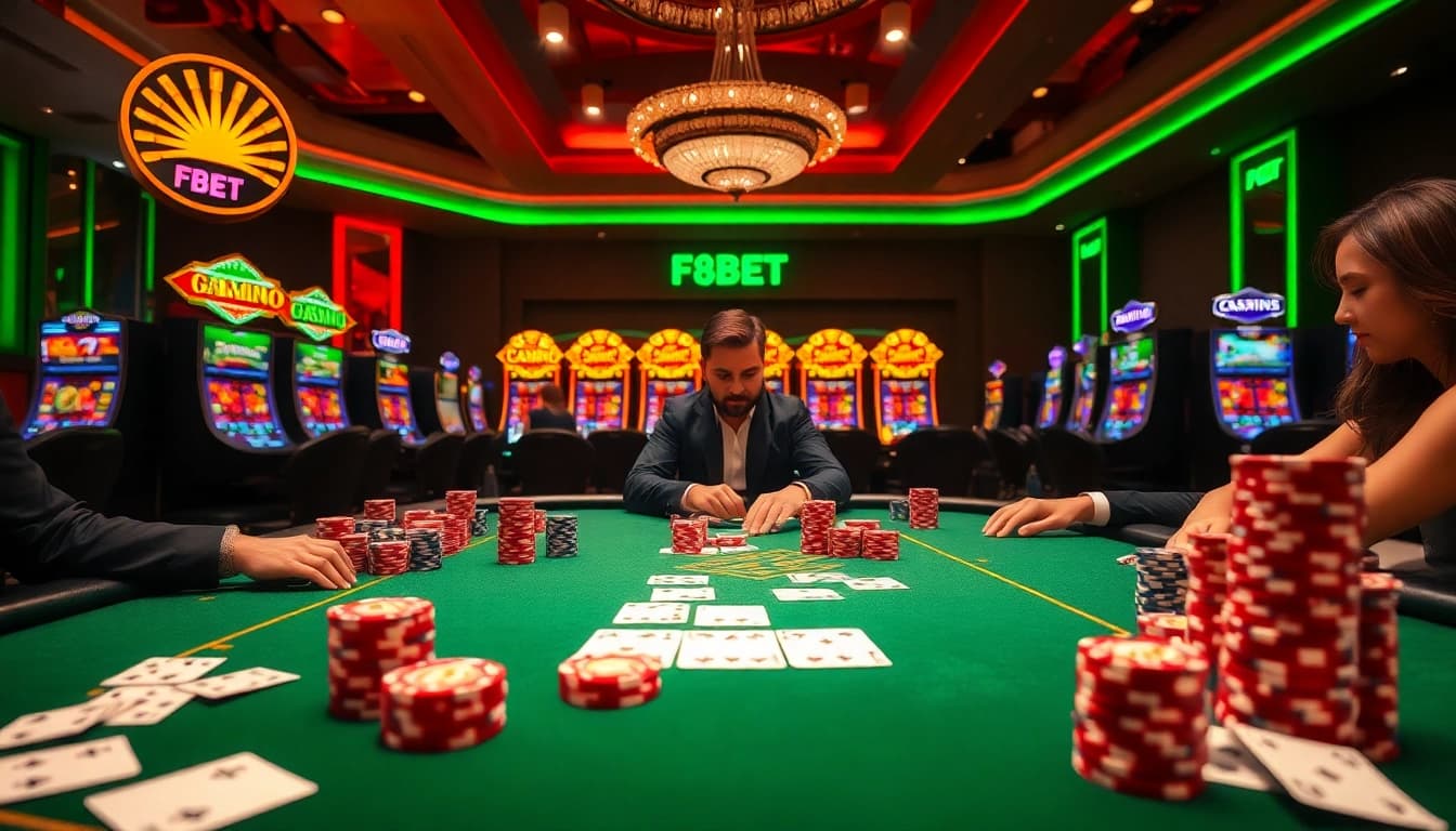 F8BET poker players strategizing at an upscale casino table with vibrant visuals.