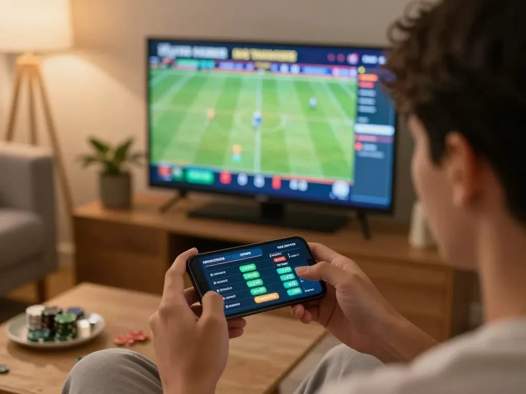 Player analyzing bets on mobile app in cozy setting, enhancing their tylekeo betting strategy.
