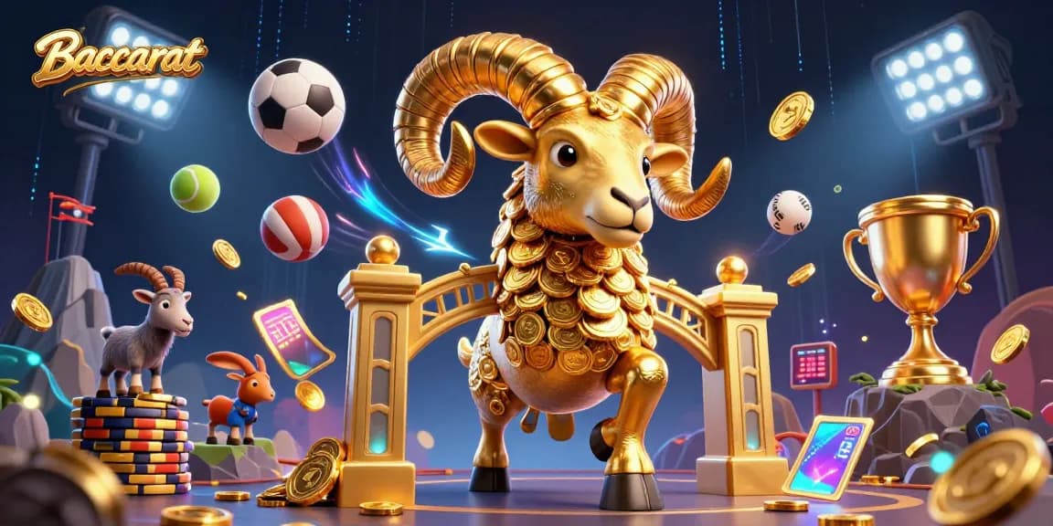 Baccarat game scene showcasing dynamic gold coins and sports elements amidst a vibrant casino atmosphere.