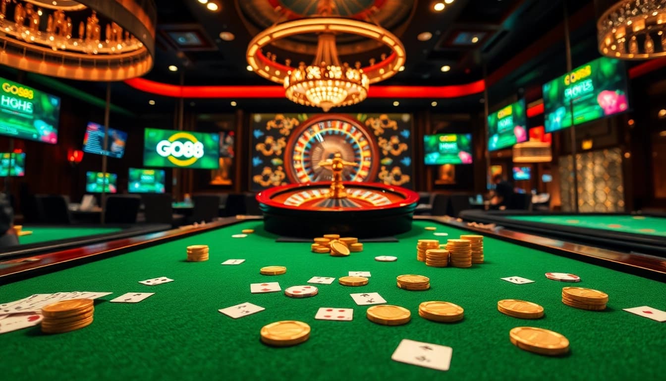 Experience thrilling gameplay at GO88 casino with luxurious gaming tables and vibrant poker chips.