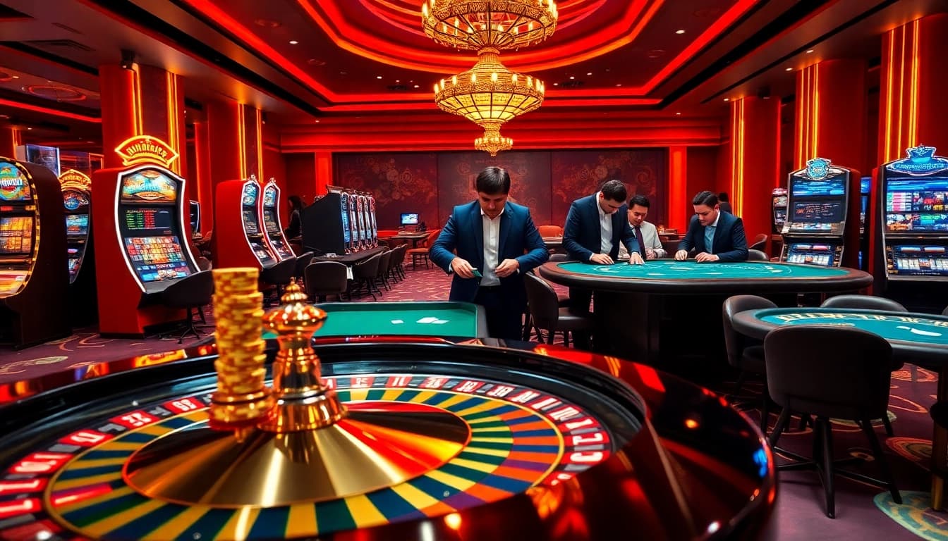 Engaging casino scene highlighting strategic betting elements of https://keonhacai.deal/ with poker tables and roulette wheel.