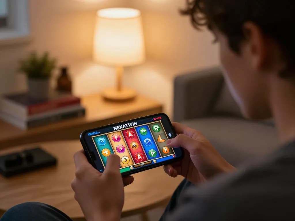 situs gacor nekatwin being played on a smartphone with colorful slot reels in a cozy home setting