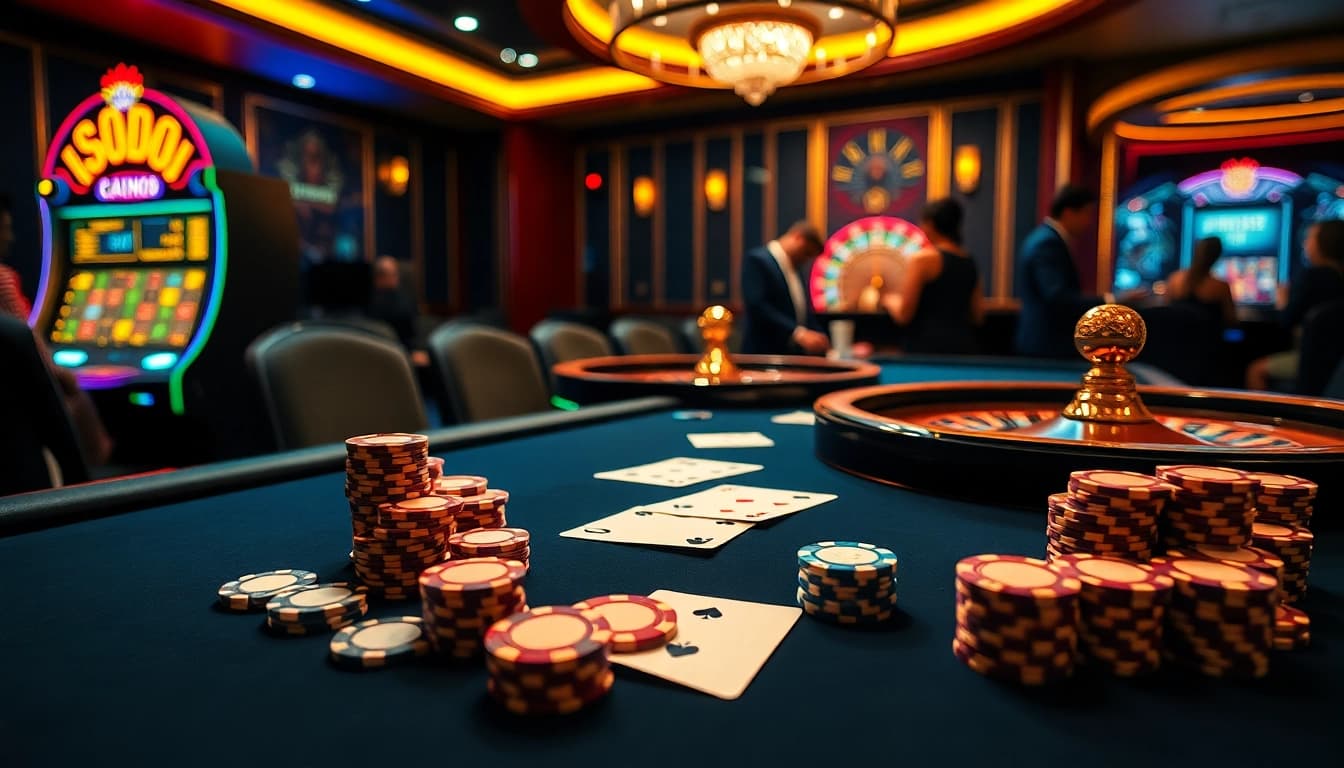 SODO casino table with poker chips and cards, reflecting excitement and luxury.