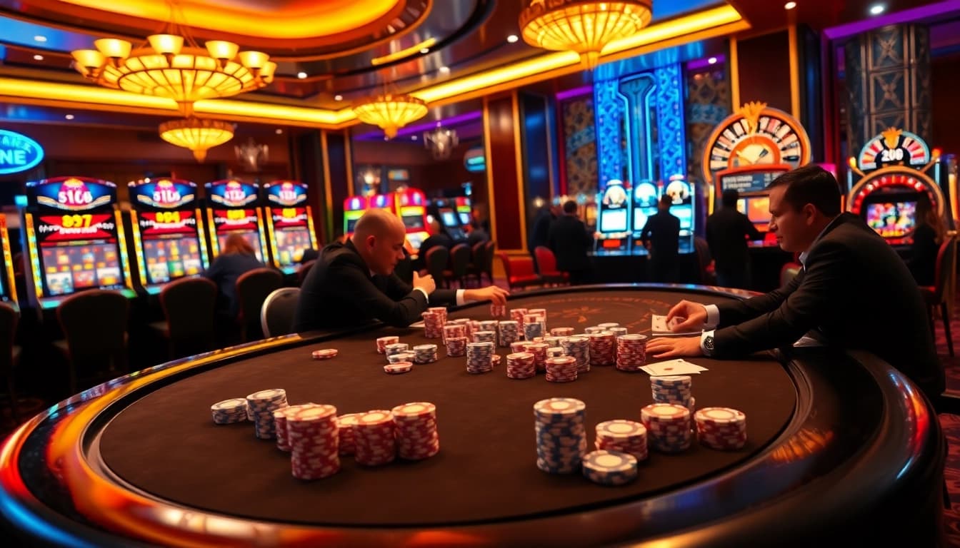 Casino table action featuring nhà cái XX88, professional players, and vibrant poker chips.