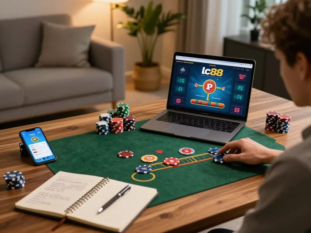 Player engaging with lc88 online casino from home, focused on game with strategic notes and smartphone.
