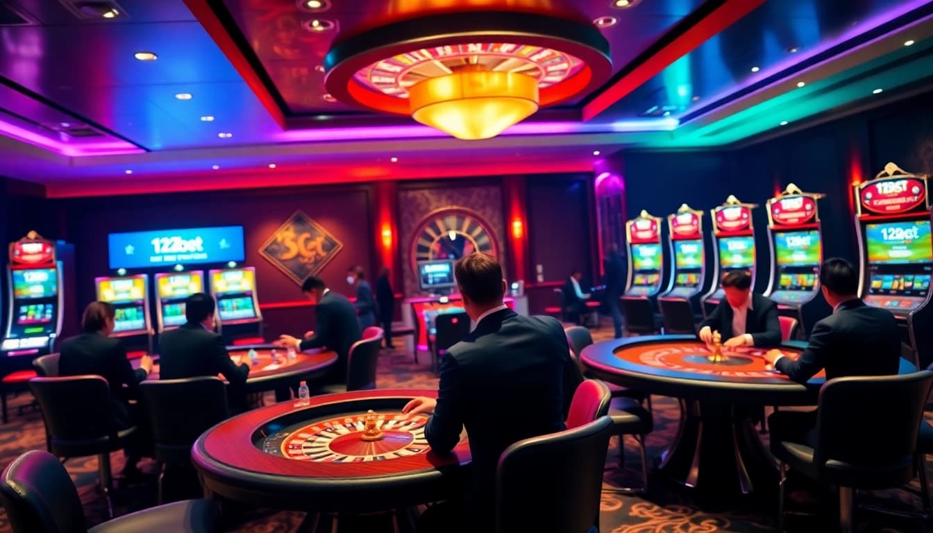 Experience high-stakes gambling at 123bet's luxurious casino with vibrant gaming tables and roulette wheels.