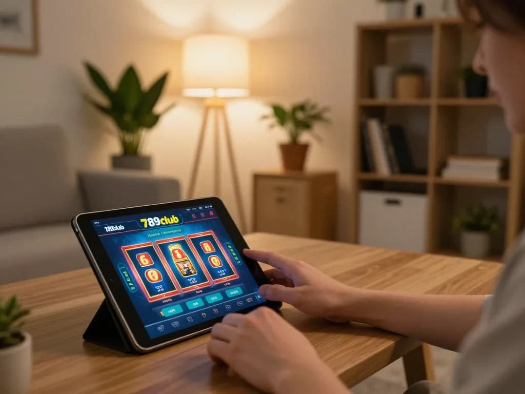 Engaged player using 789club tablet for online gaming in cozy home setting
