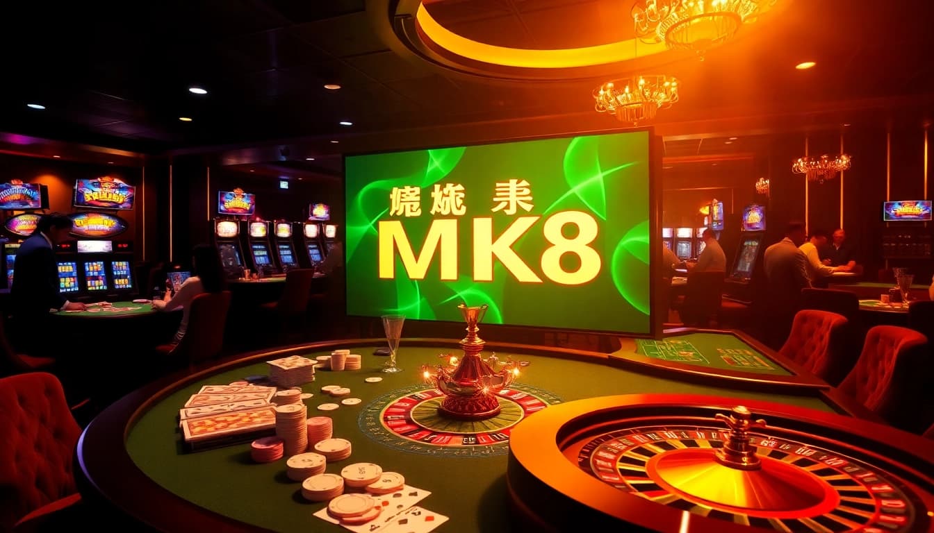Exciting casino scene featuring เครดิตฟรี MK8 with poker chips and roulette wheel.