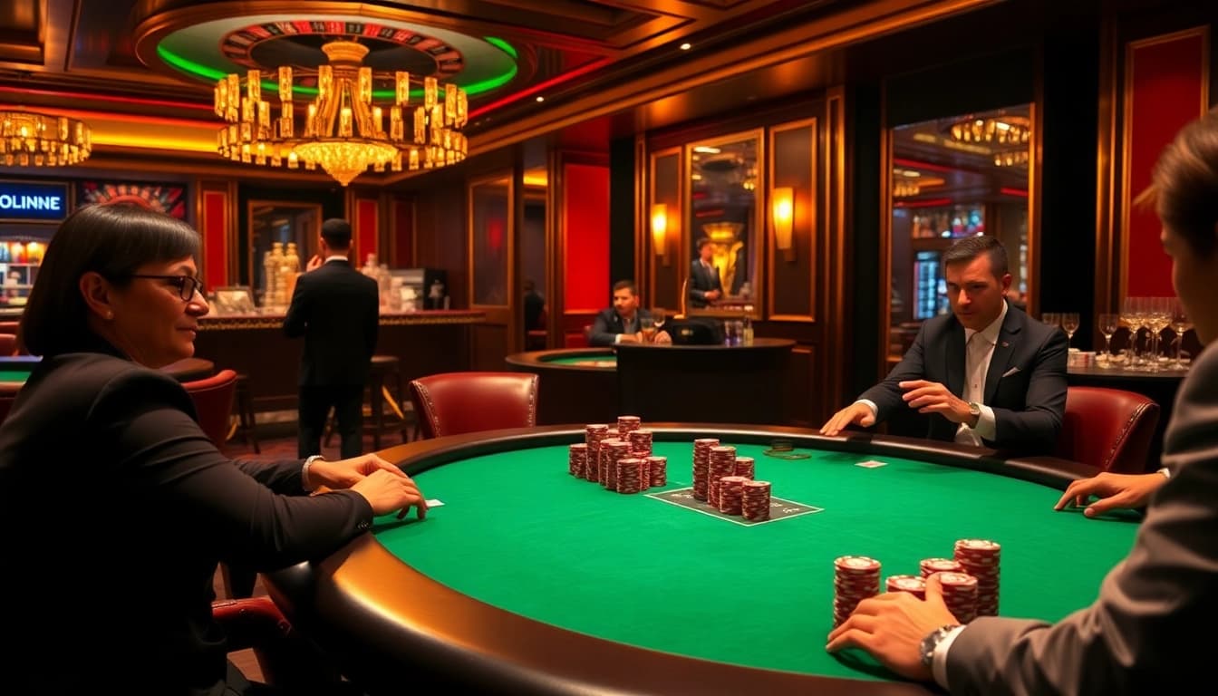 Players strategizing at an FC poker table in a luxurious casino environment.
