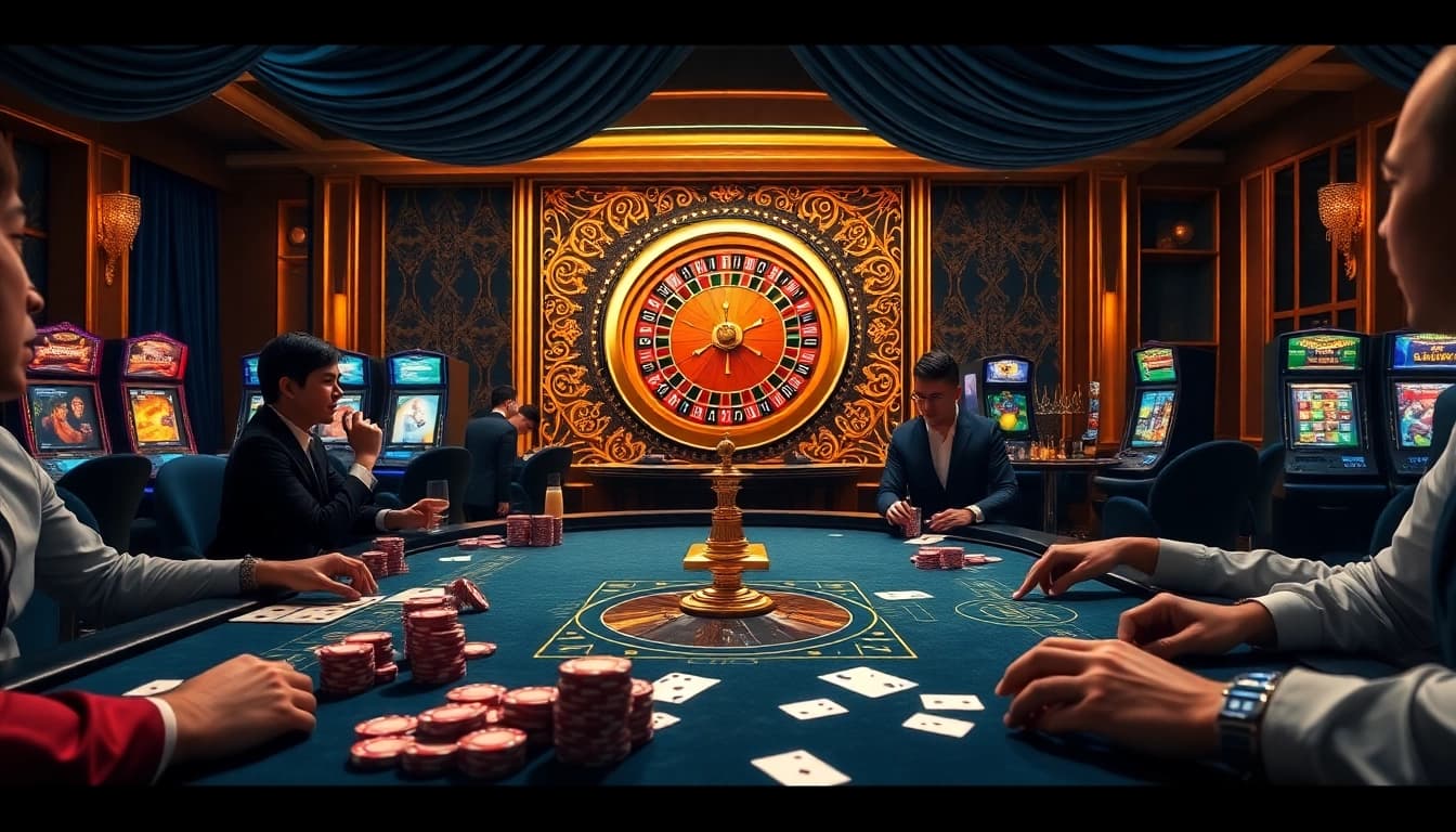 Players enjoying a high-stakes poker game at https://urr88.com/ with vibrant casino decor and flashing slot machines.