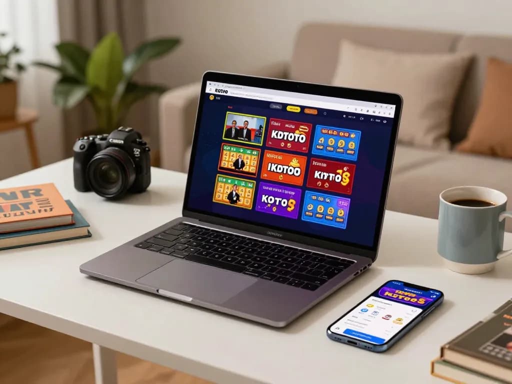 KDTOTO online gambling setup with vibrant games displayed on laptop and smartphone in a cozy home setting