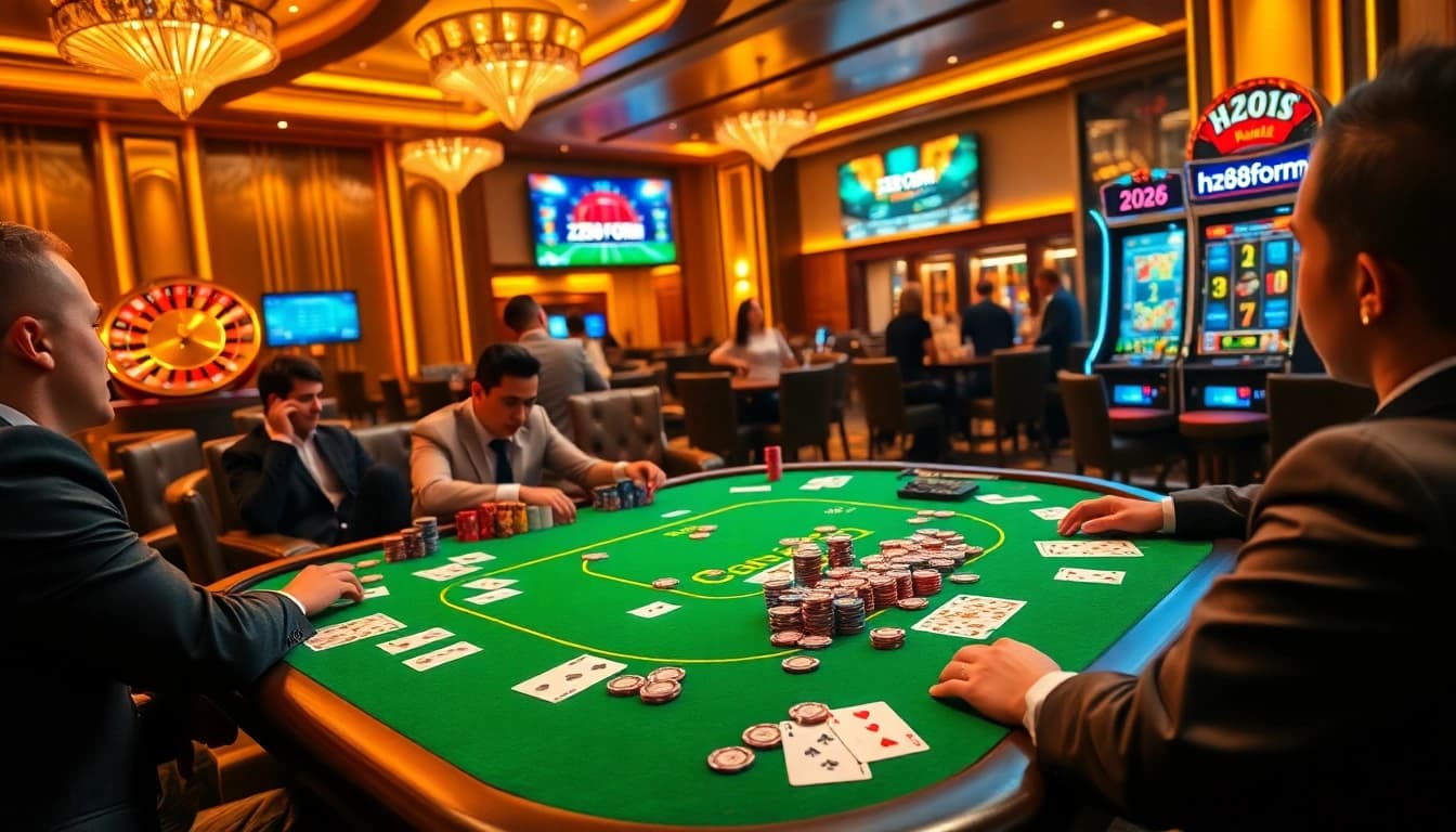 Players engaging in strategic betting with poker chips and cards at a hz88.forum casino table