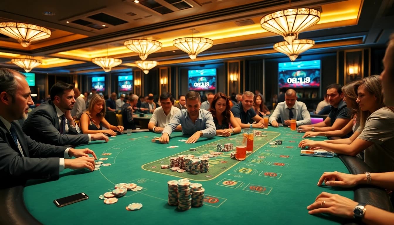 Permainan idnpoker di casino dengan suasana yang meriah dan pemain yang bersemangat.