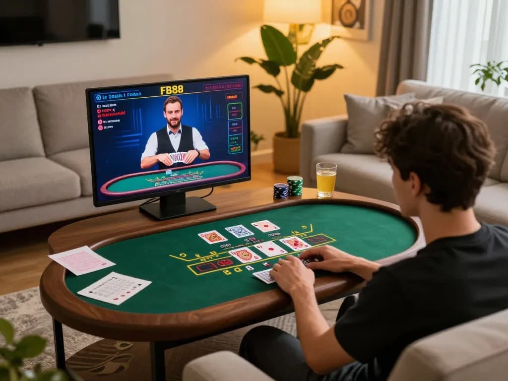 Engaging online blackjack gameplay at home with FB88 on laptop screen