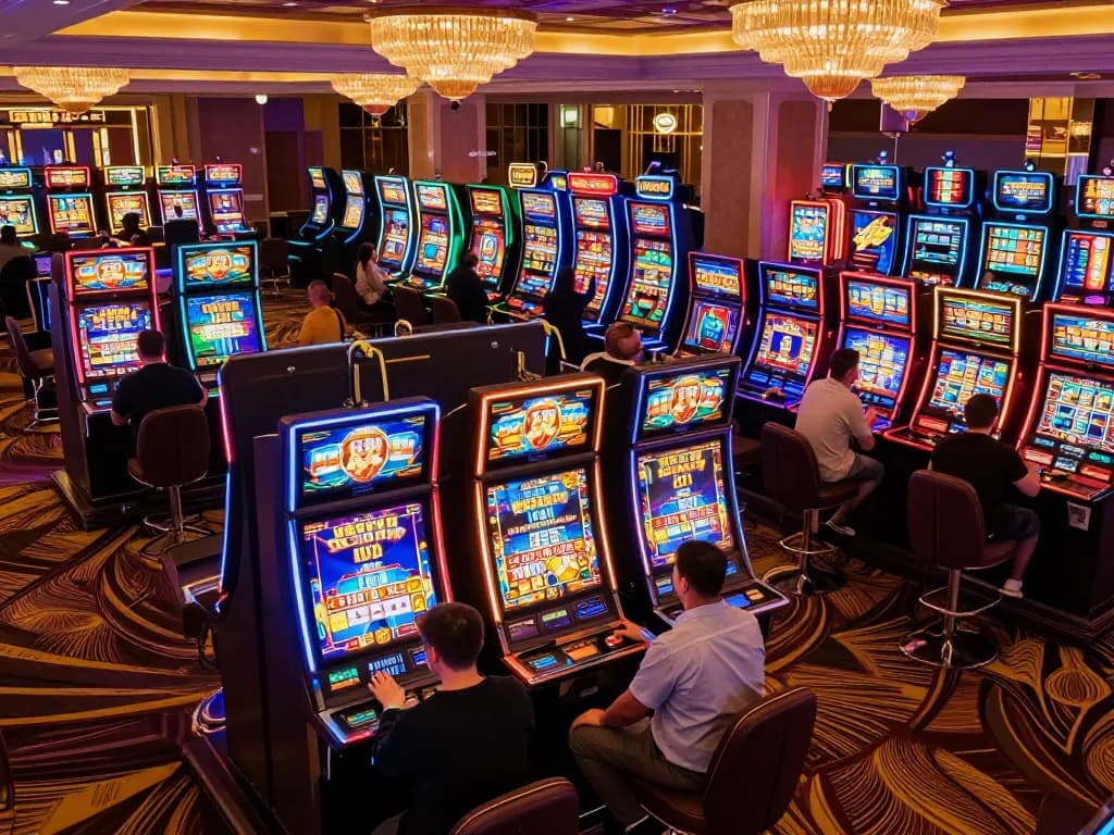 Players enjoying vibrant slot 5k machines in a luxurious casino atmosphere, engaging and celebrating wins.