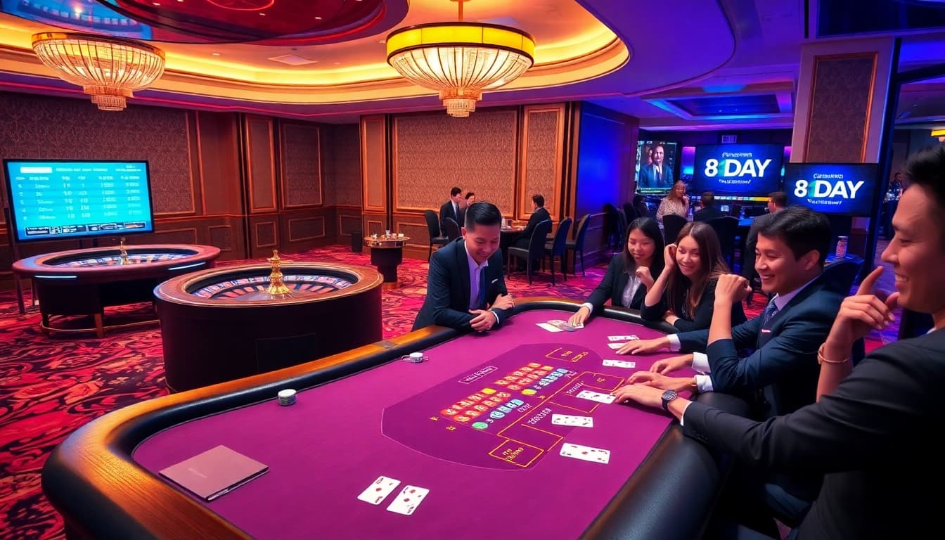 Experience the excitement of 8DAY at a vibrant casino table with winning players and professional dealers.