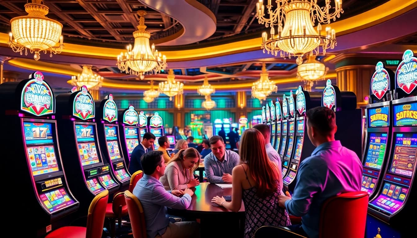 Players enjoying thrilling slot action at a luxurious casino featuring vibrant machines and exciting wins.