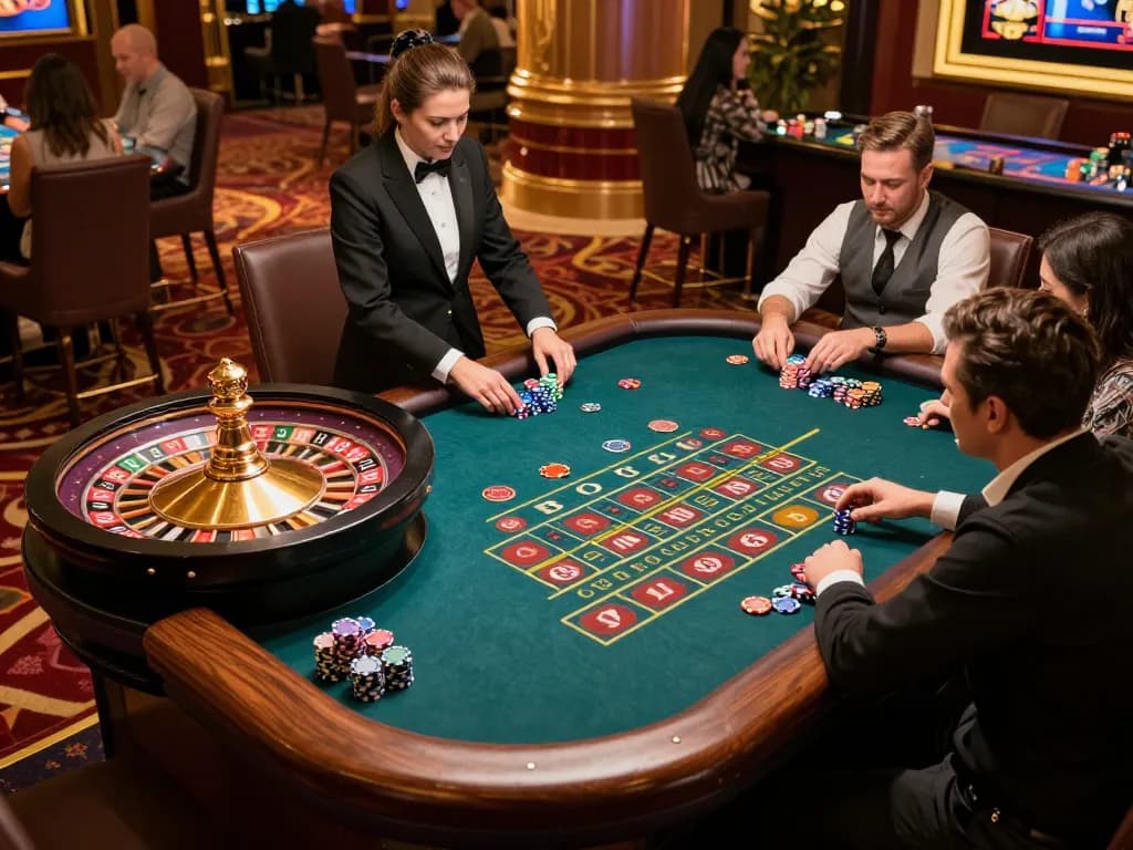 Players engaging in a lively roulette game at LV88 casino, vibrant atmosphere with colorful chips.