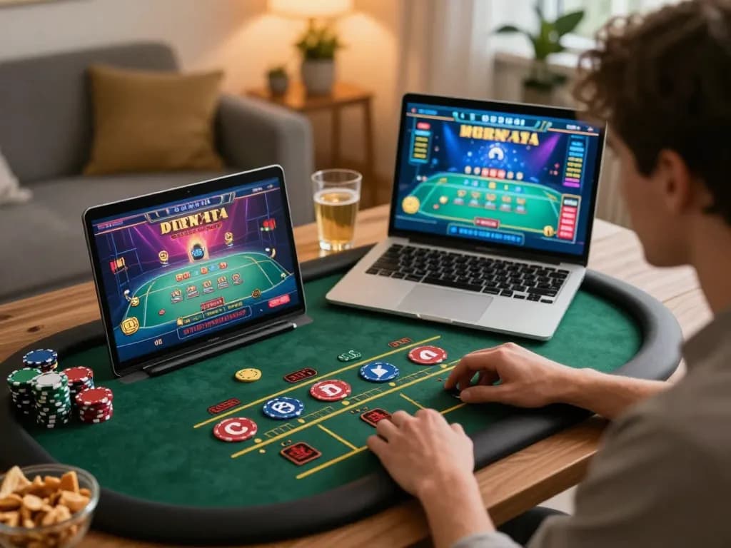 Seorang pemain terlibat dalam permainan dealer langsung online di laptop mereka, meningkatkan strategi permainan aman788 mereka.