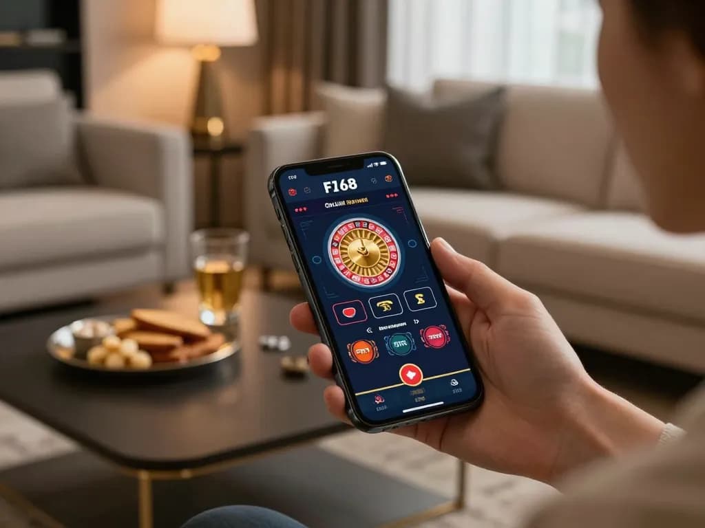 Player engaging with F168 casino app on smartphone during a cozy home gaming session
